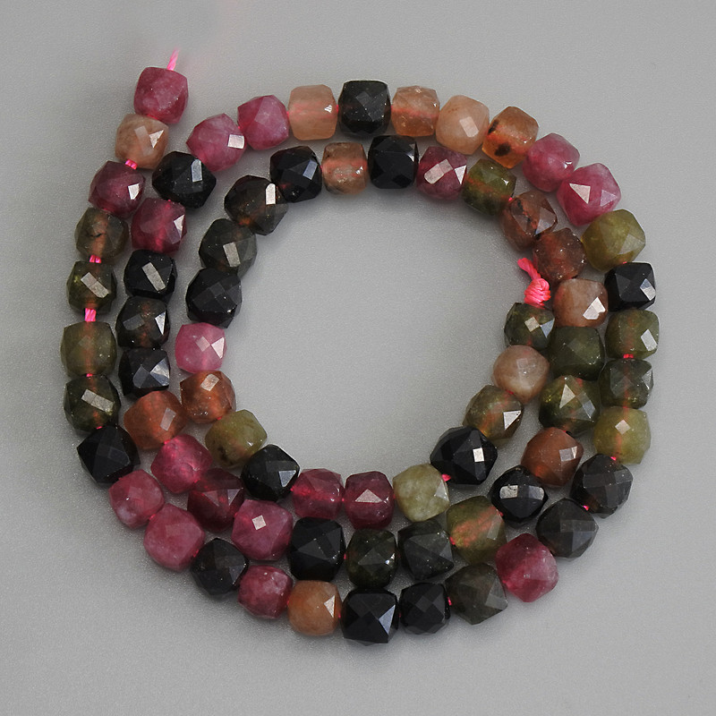 Faceted tourmaline cube beads 6x6 mm on a thread, length 37 cm+