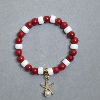 Imitation Coral Bracelet with Rondelle Beads 8×6 mm and Round Beads 7.5 mm, Length 18 cm, Stretch, with Metal Insert