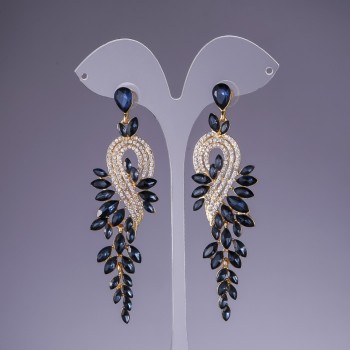 Earrings with Dark Blue Crystals, 9 cm long, yellow metal