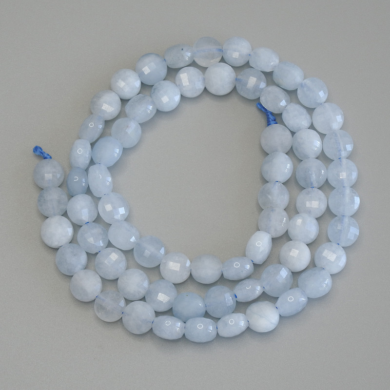 Aquamarine Beads, Faceted Coin, 6 mm Diameter, 39 cm Length on Thread
