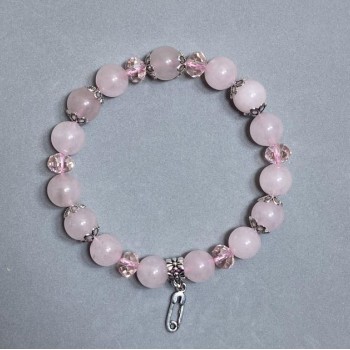 Bracelet Pink Quartz, Smooth Bead, 10 mm Diameter ± and Czech Glass Rondelles 8×6 mm ±, Length 18 cm ± Stretch