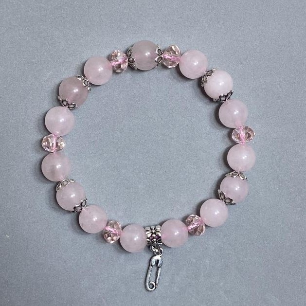 Bracelet Pink Quartz, Smooth Bead, 10 mm Diameter ± and Czech Glass Rondelles 8×6 mm ±, Length 18 cm ± Stretch
