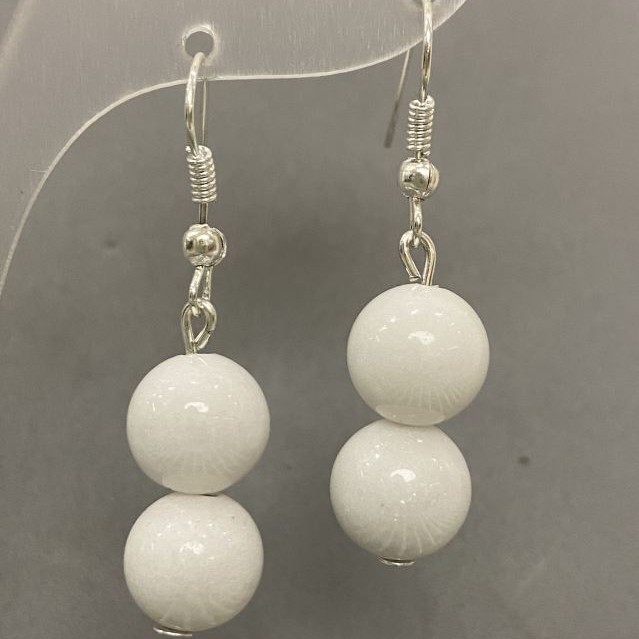Earrings with white agate smooth ball, diameter 10mm ±, length 40mm ±