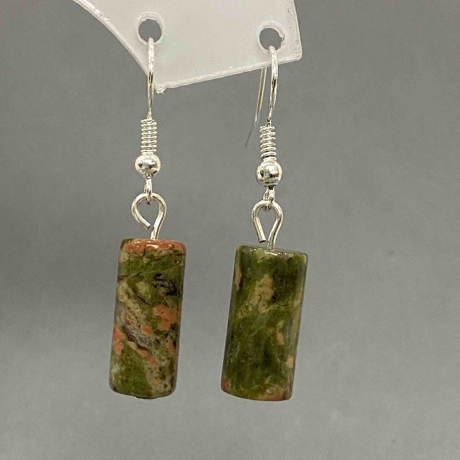 Unakite (Heliotrope) Cylinder Earrings, diameter 8x17 mm, length 38 mm+