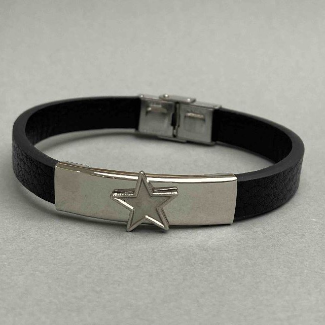 Black bracelet with a clasp and metal inlays, length 21 cm+