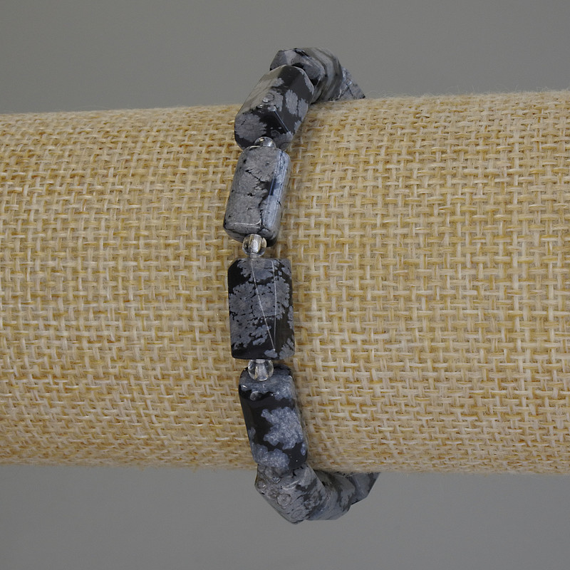 Snowy Obsidian Bracelet 'Apache Tears' Faceted Cut, 12×7 mm, 3 mm Beads, Length 18 cm, Stretch