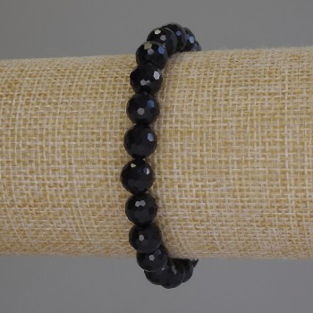 Black Tourmaline Bracelet with Faceted Beads, 8 mm Diameter, 18 mm Length, Stretch