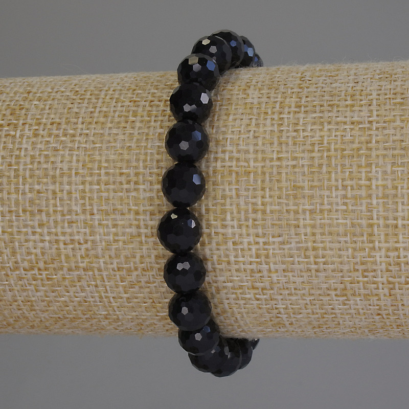 Black Tourmaline Bracelet with Faceted Beads, 8 mm Diameter, 18 mm Length, Stretch