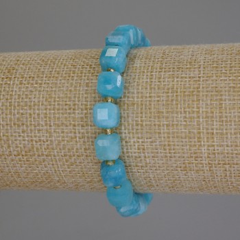 Aquamarine Bracelet with Faceted Cube Beads, 8 mm Diameter ±, 3 mm Seed Beads ±, Stretch Length ±