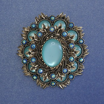 Accent Brooch Pendant with Blue Cat's Eye Stone, Crystals, Chameleon, Gold-Tone Metal, 48x54mm