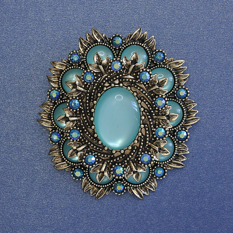 Accent Brooch Pendant with Blue Cat's Eye Stone, Crystals, Chameleon, Gold-Tone Metal, 48x54mm