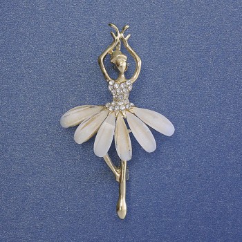 Ballerina Brooch-Pendant with White Crystals, Gold-Tone Metal 50x28 mm