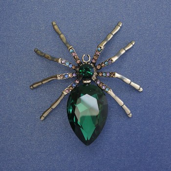 Spider Brooch with Green Crystal, Multicolored Rhinestones, 65mm ± Gold-Toned Metal