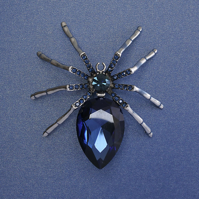 Spider Brooch with Blue Crystal, Blue Rhinestones, 65mm ± Silver-Toned Metal