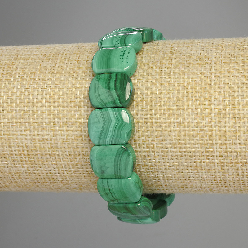 Malachite bracelet, natural stone, rounded link, diameter 14×11 mm, length 18 cm ± stretch