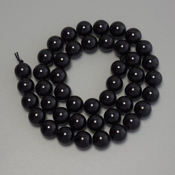 Beads of Black Tourmaline, Smooth Ball Beads, 8.5 mm Diameter, 38 cm Length on Thread