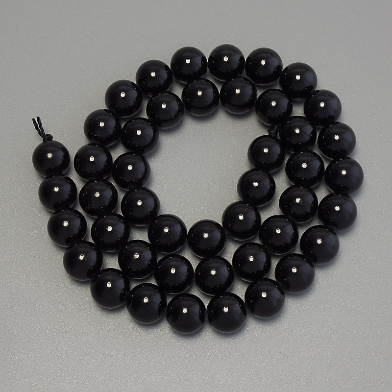 Beads of Black Tourmaline, Smooth Ball Beads, 8.5 mm Diameter, 38 cm Length on Thread