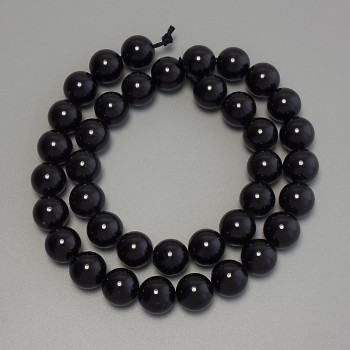 Black Tourmaline Beads - Smooth Spheres, 10mm Diameter, 38cm Length on Thread