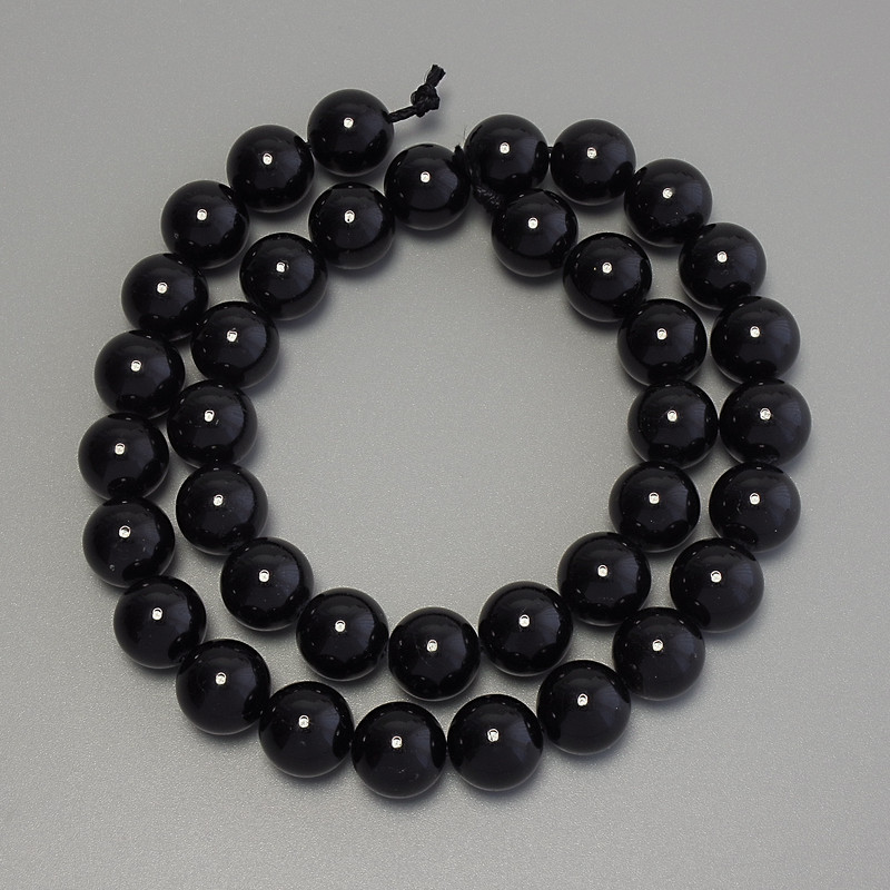 Black Tourmaline Beads - Smooth Spheres, 10mm Diameter, 38cm Length on Thread