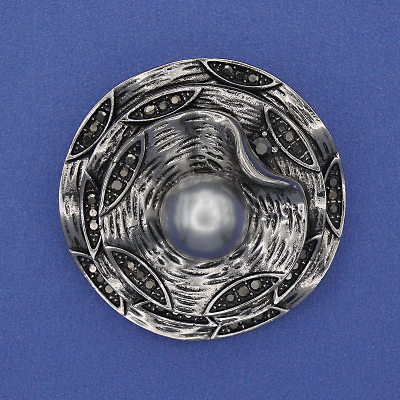 Brooch Accent Grey Pearl with Grey Crystals, Silver-Tone Metal 40mm+