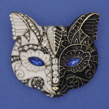 Brooch Cat with White and Blue Rhinestones, Enamel, Gold-Tone Metal, 46x45mm+