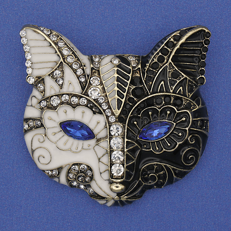Brooch Cat with White and Blue Rhinestones, Enamel, Gold-Tone Metal, 46x45mm+