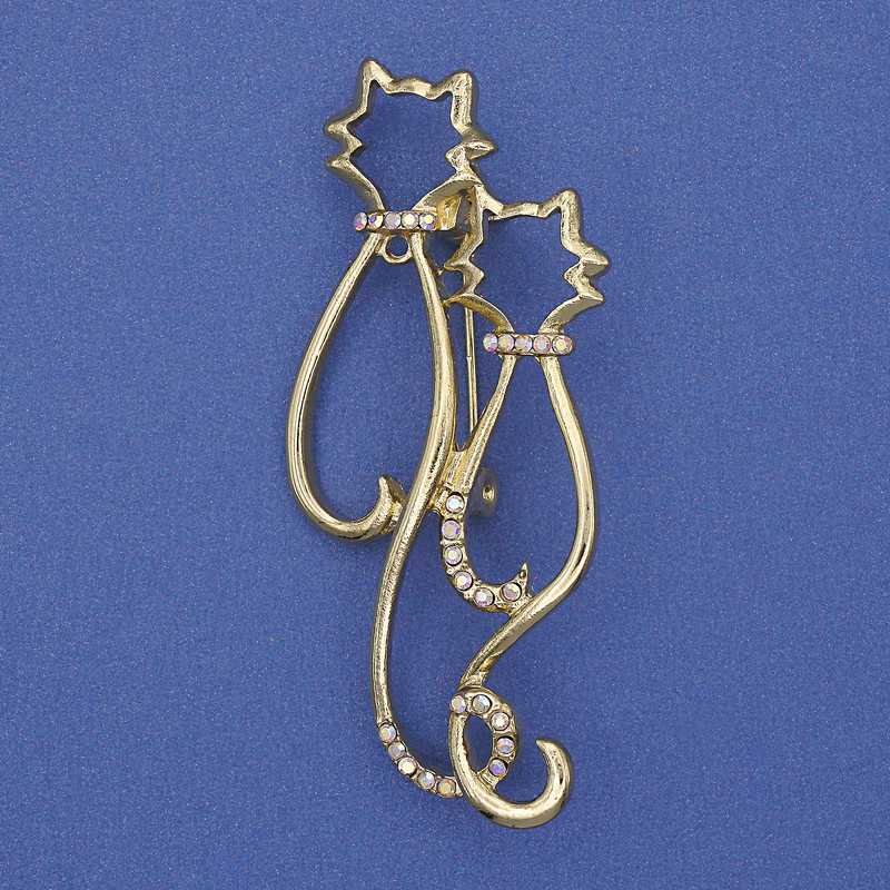 Cats Brooch with Rainbow Crystals, Matte Gold Finish, Metal 58x26mm+