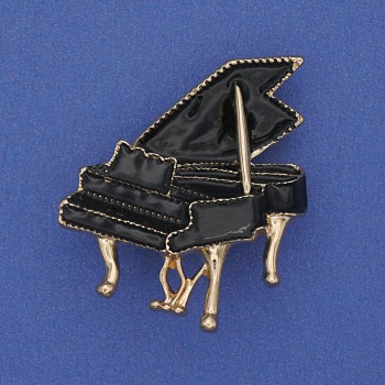 Pianano Brooch, Black Enamel, Gold-tone Metal, 36x30mm+