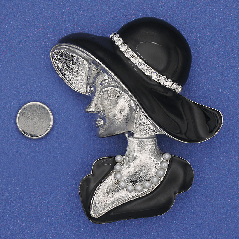 Magnetic Brooch: Girl in a Hat, white rhinestones, black enamel, silver-tone metal 53x45mm+