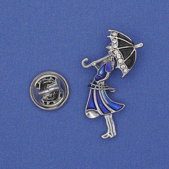 Brooch: Girl with Umbrella blue enamel white crystals gold-tone metal 32×16 mm+