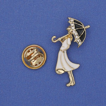 Brooch 'Girl with a Parasol' with white crystals, white enamel, golden metal, 32×16 mm+