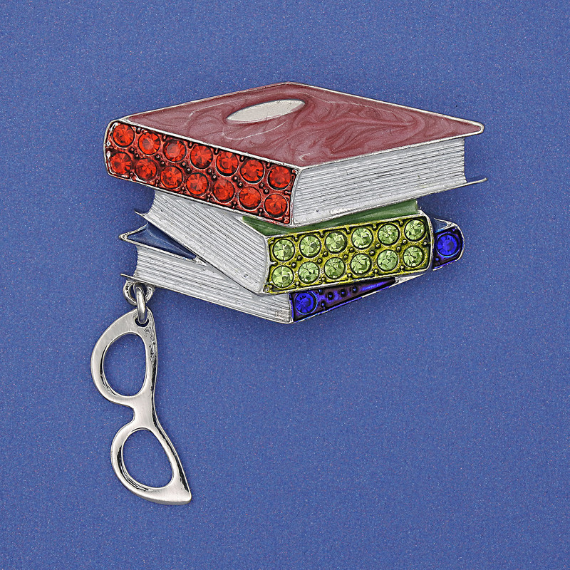 Brooch Books with Glasses, colored enamel, crystals, silver-tone metal, 45x28x48 mm+