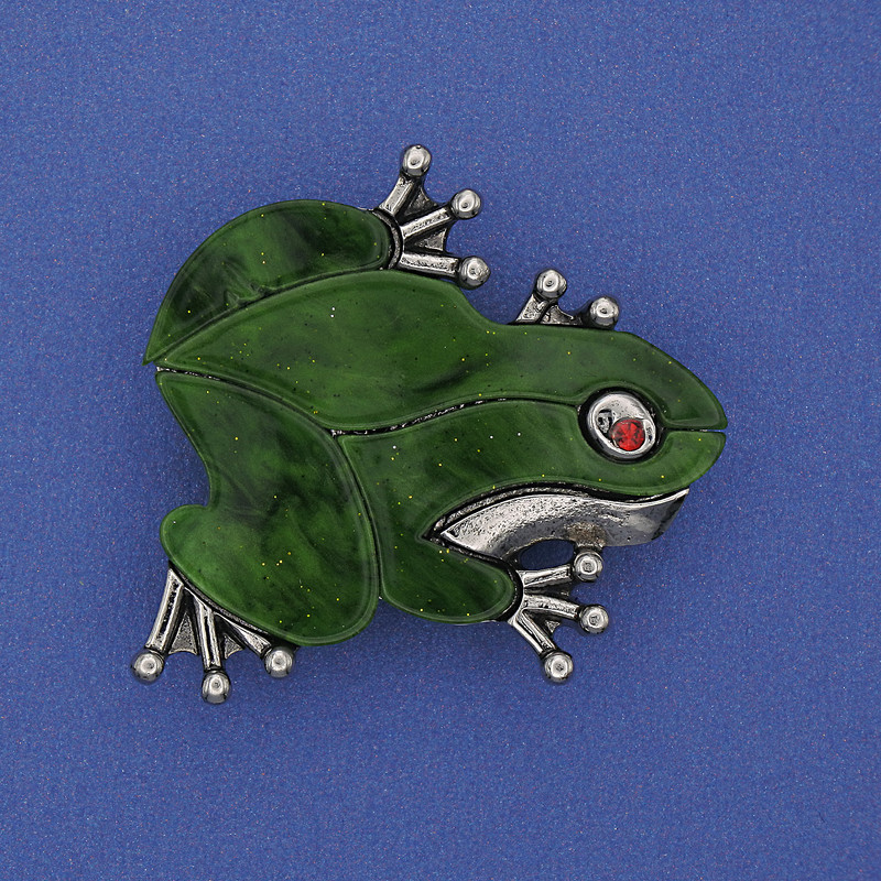 Frog Brooch Pendant with Mother-of-Pearl, Green Color, Crystals, Silvery Metal, 35x34mm+