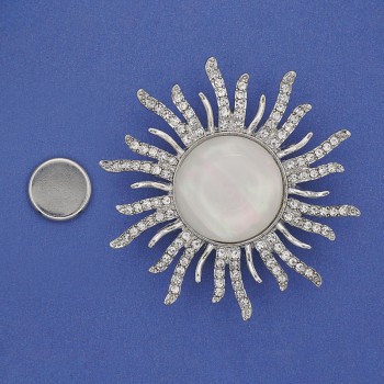 Magnetic Brooch Mother-of-Pearl Sun with White Crystals Silver-Tone Metal 47mm+