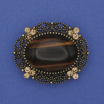 Tiger's Eye Brooch-Pendant with Yellow Crystals, Bronze-Colored Metal, 36×30 mm