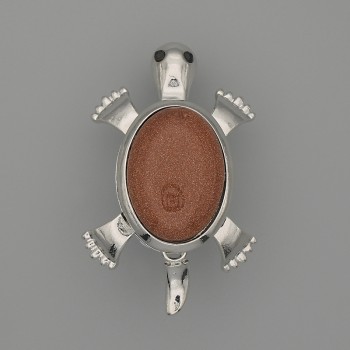 Brooch-Pendant Turtle with aventurine 'Golden Sand' 52x35 mm ± movable parts, silvery metal