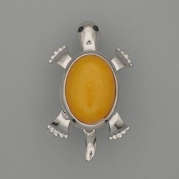 Brooch-Pendant 'Turtle' with Amber Imitation, 52x35mm ± movable parts, silver-toned metal