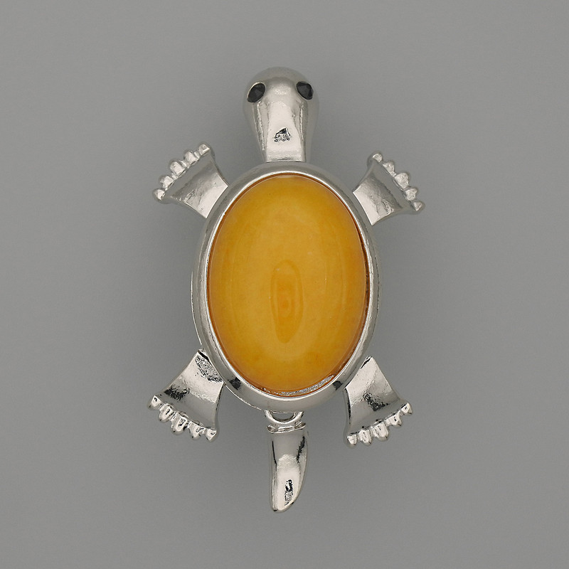 Brooch-Pendant 'Turtle' with Amber Imitation, 52x35mm ± movable parts, silver-toned metal