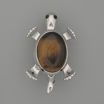 Brooch pendant «Turtle» with Tiger's Eye 52x35mm +/- movable parts, silver-tone metal
