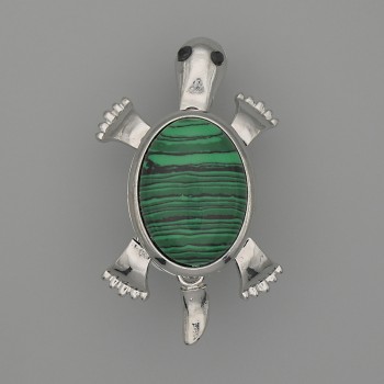Turtle Malachite Brooch-Pendant, 52x35 mm, with Moving Parts, Silver-Colored Metal
