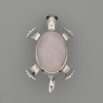 Turtle Brooch-Pendant with Pink Quartz, 52×35 mm ± movable parts, silver-toned metal