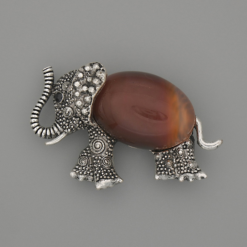 Brooch-pendant Elephant with Carnelian and Black Inlays, 45×27 mm, Silver-Toned Metal