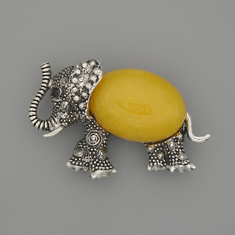 Elephant Brooch-Pendant with Amber Imitation, 45×27 mm, black crystals, silvery metal