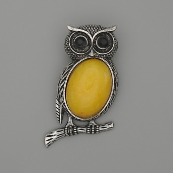 Owl Brooch-Pendant 'Owl' Amber Imitation 45×25 mm +- Black Crystals Silver-Tone Metal