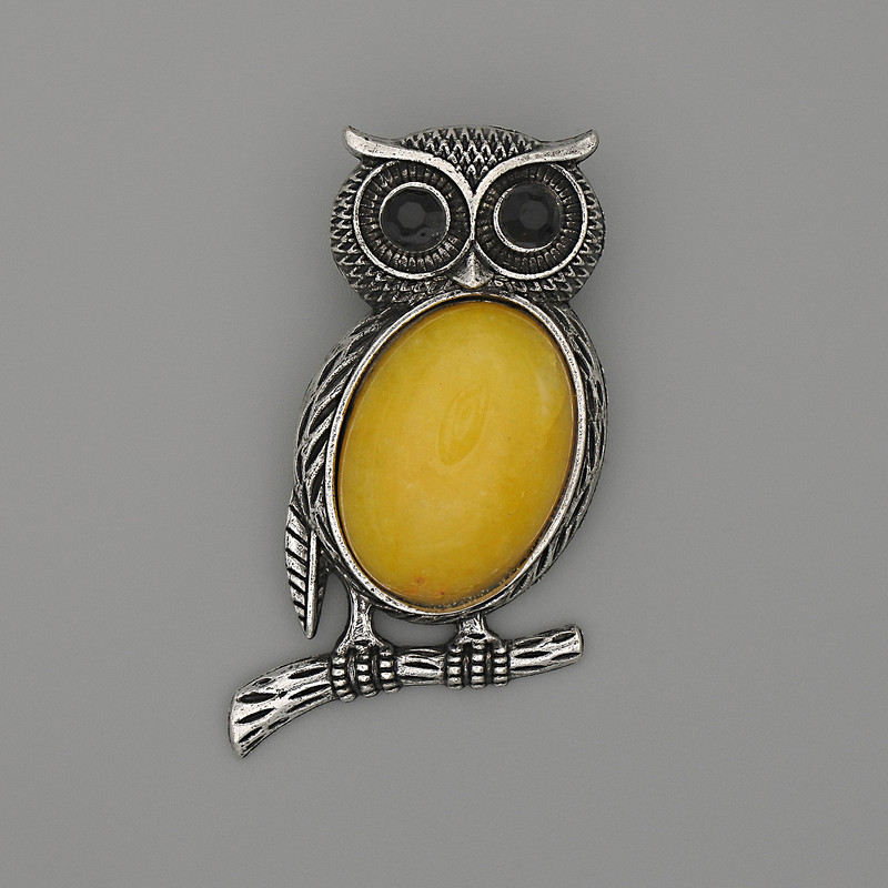 Owl Brooch-Pendant 'Owl' Amber Imitation 45×25 mm +- Black Crystals Silver-Tone Metal