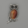 Owl Carnelian Brooch-Pendant 45x25mm ± Black Rhinestones, Silver Metal