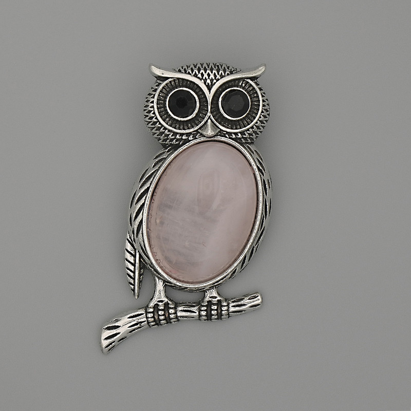 Owl Brooch-Pendant with Rose Quartz, 45x25 mm ± Black Rhinestones, Silvery Metal