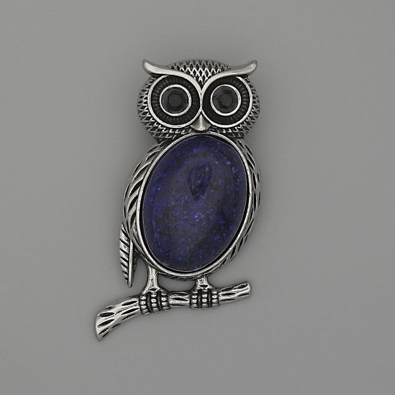 Owl Brooch-Pendant with Azurite, 45x25 mm ± Black Rhinestones, Silver-Tone Metal