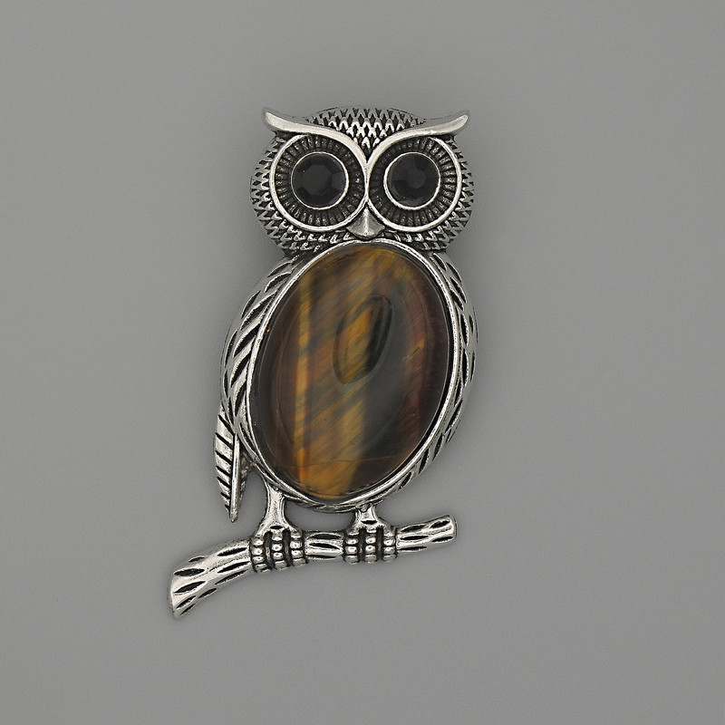 Brooch-Pendant Owl Tiger's Eye 45x25 mm +/- black rhinestones, silver-tone metal