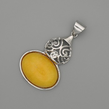 Cabochon Pendant Amber Imitation, 50×28 mm +/- Silver-Tone Metal